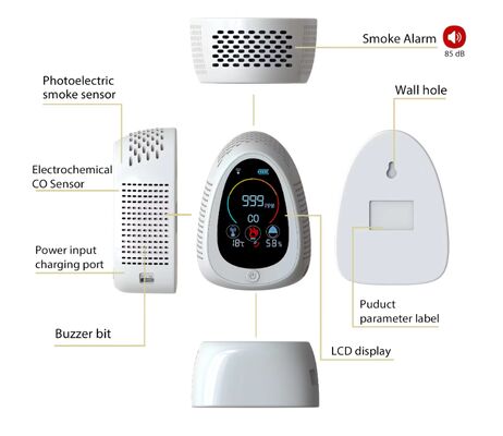 Bom preço. GZAIR PT03 5-in-1 Air Quality Monitor - CO/Smoke/Temp/Humidity Detection, WiFi Connectivity, Wall-Mounted/Desktop Dual Installation on-line